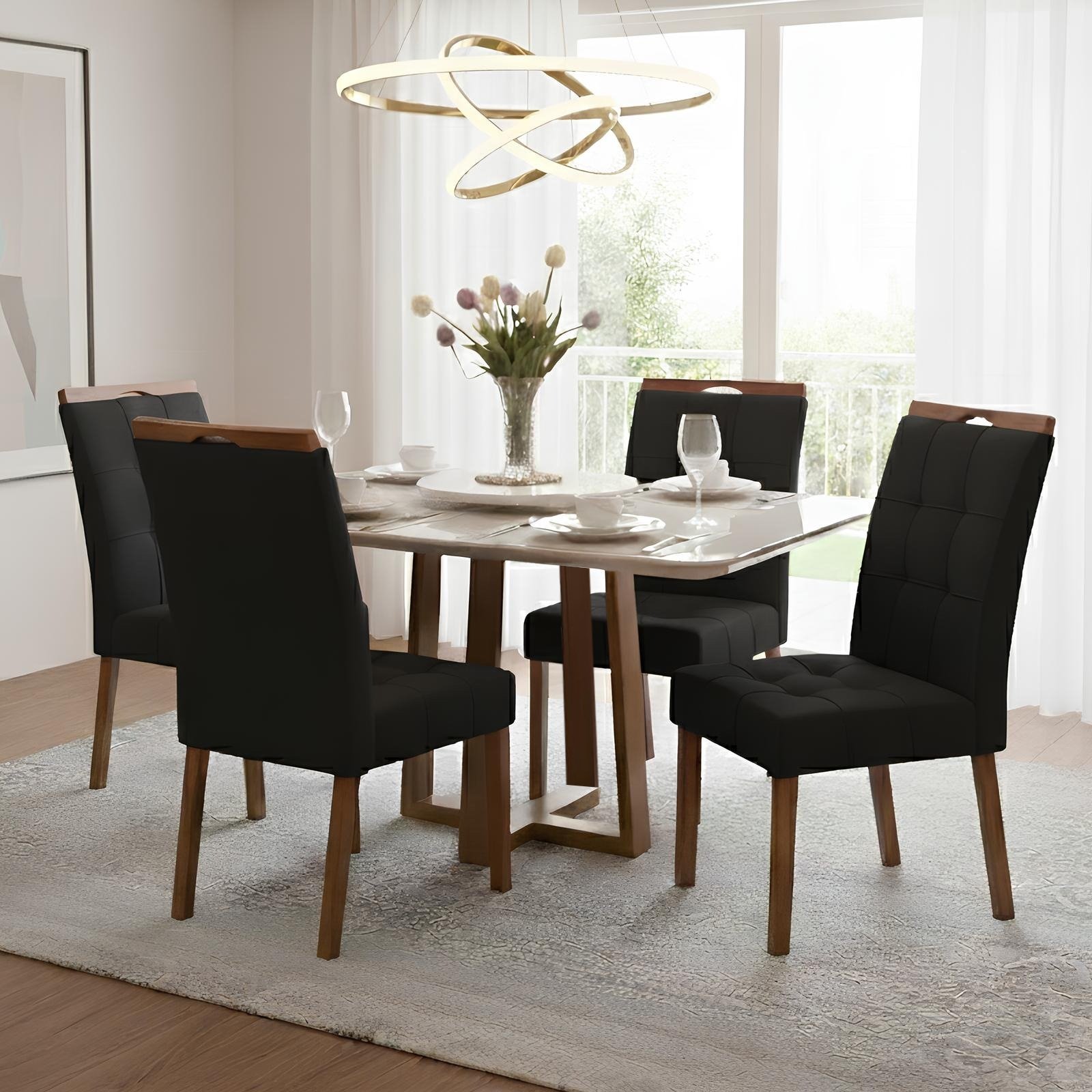 Mesa Pedro 90 Mel/Off White com 4 Cadeiras Sophia Veludo Preto – ART ASSENTOS + WM DECOR