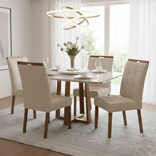 Mesa Pedro 120 Mel/Off White com 4 Cadeiras Sophia Linho Bege 200 – ART ASSENTOS + WM DECOR