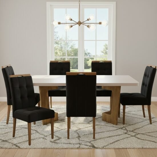 Mesa Liz 160 (Tampo 40 mm) Cinamomo/Off White com 6 Cadeiras Sophia Veludo Preto – VALDEMÓVEIS + WM DECOR
