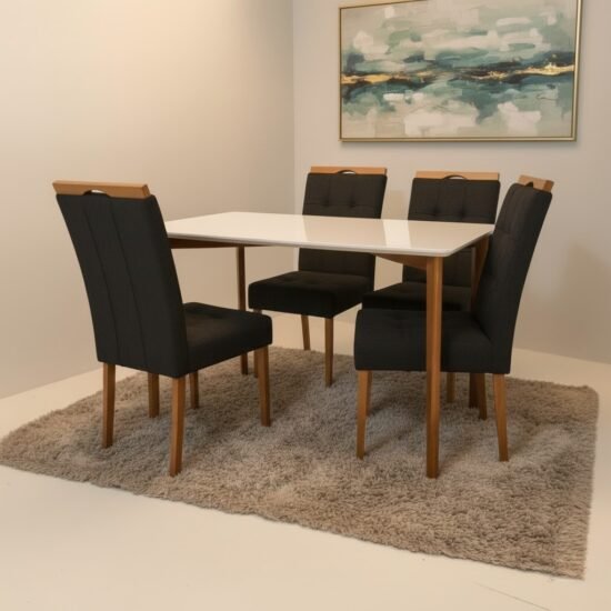 Mesa Ravena 120 Naturale/Off White com 4 Cadeiras Sophia Veludo Preto – CLEFATOS DECOR + WM DECOR
