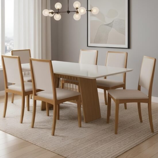 Mesa Damiana BA56 160 Canela/Off White com 6 Cadeiras Lara 2CMM007CA Linho Areia – KAPPESBERG