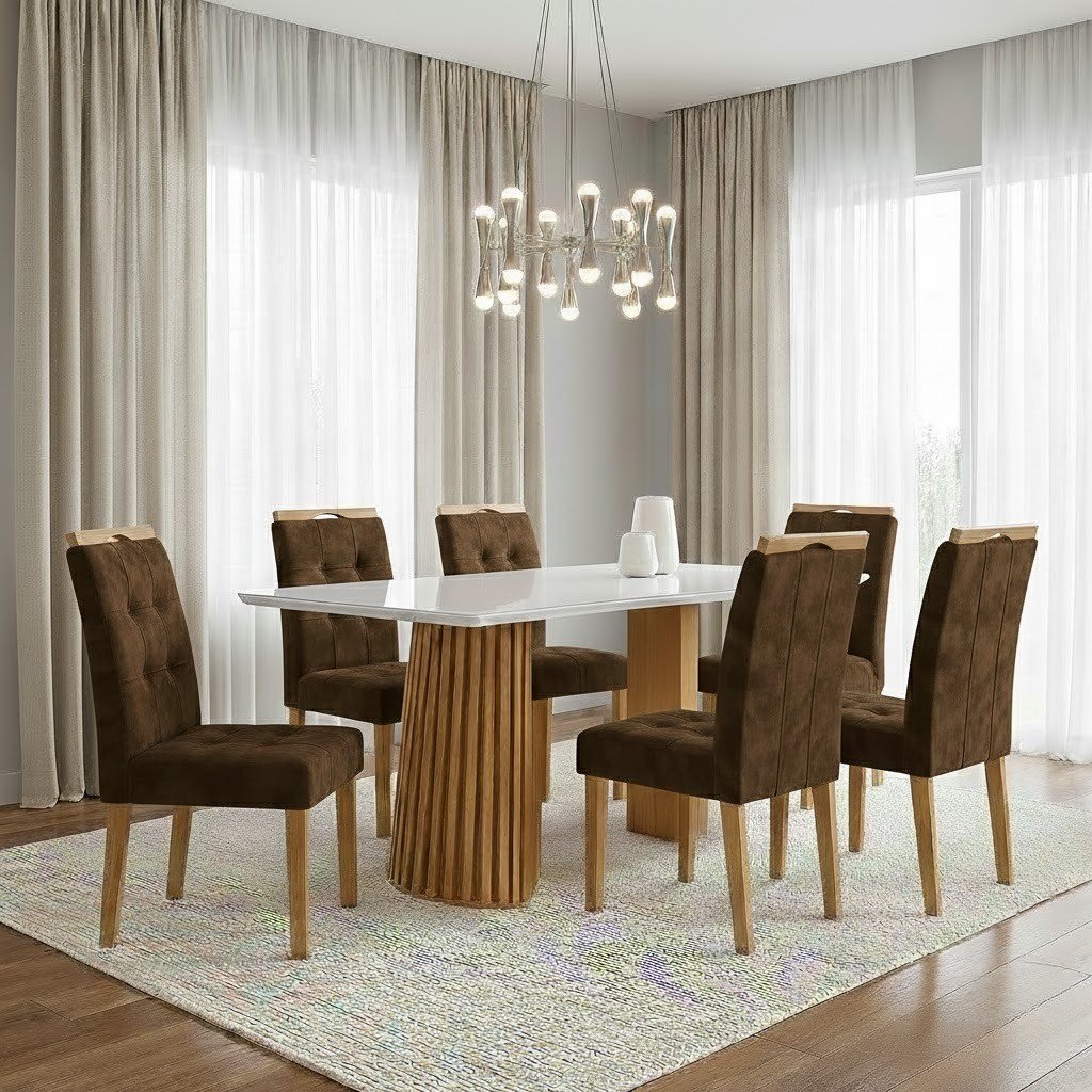 Mesa Nevada 170 (Tampo Smart Plus) Cinamomo/Off White com 6 Cadeiras Sophia Veludo Marrom – CEL MÓVEIS + WM DECOR