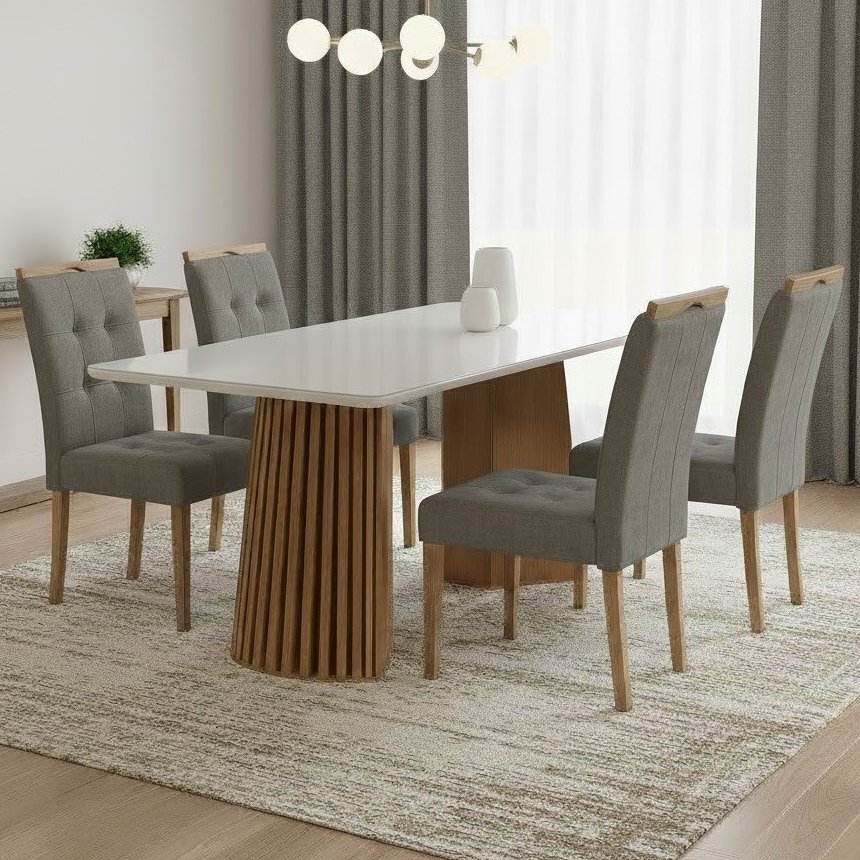 Mesa Nevada 120 (Tampo Smart Plus) Cinamomo/Off White com 4 Cadeiras Sophia Veludo Cinza Grafite – CEL MÓVEIS + WM DECOR
