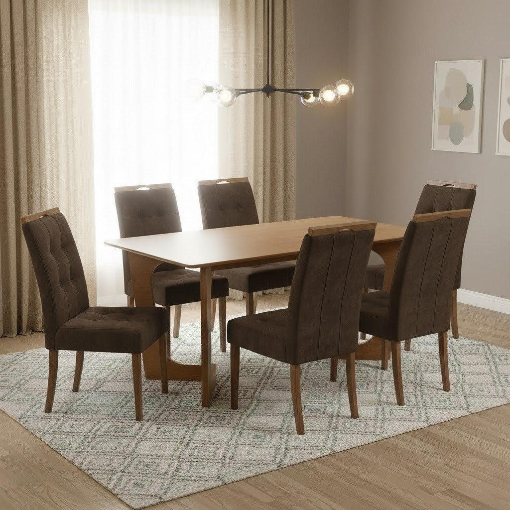 Mesa Dubai 160 (Tampo Londres s/vidro) Cinamomo com 6 Cadeiras Sophia Veludo Marrom – CEL MÓVEIS + WM DECOR