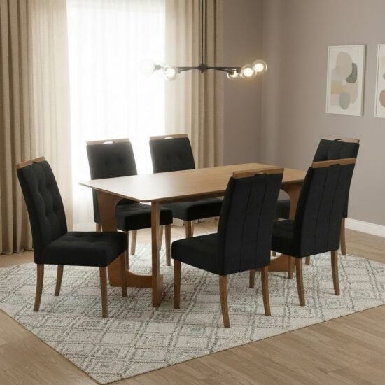 Mesa Dubai 160 (Tampo Londres s/vidro) Cinamomo com 6 Cadeiras Sophia Veludo Preto – CEL MÓVEIS + WM DECOR