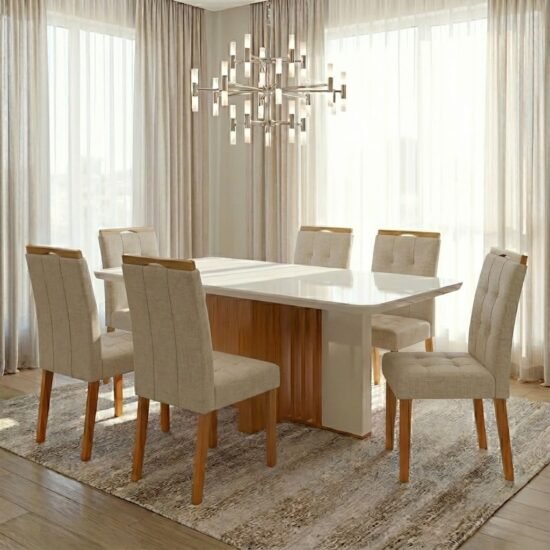 Mesa Astrid (Tampo Maxi) 170 Amêndoa Clean/Off White com 6 Cadeiras Sophia Linho Bege 200 – LOPAS + WM DECOR