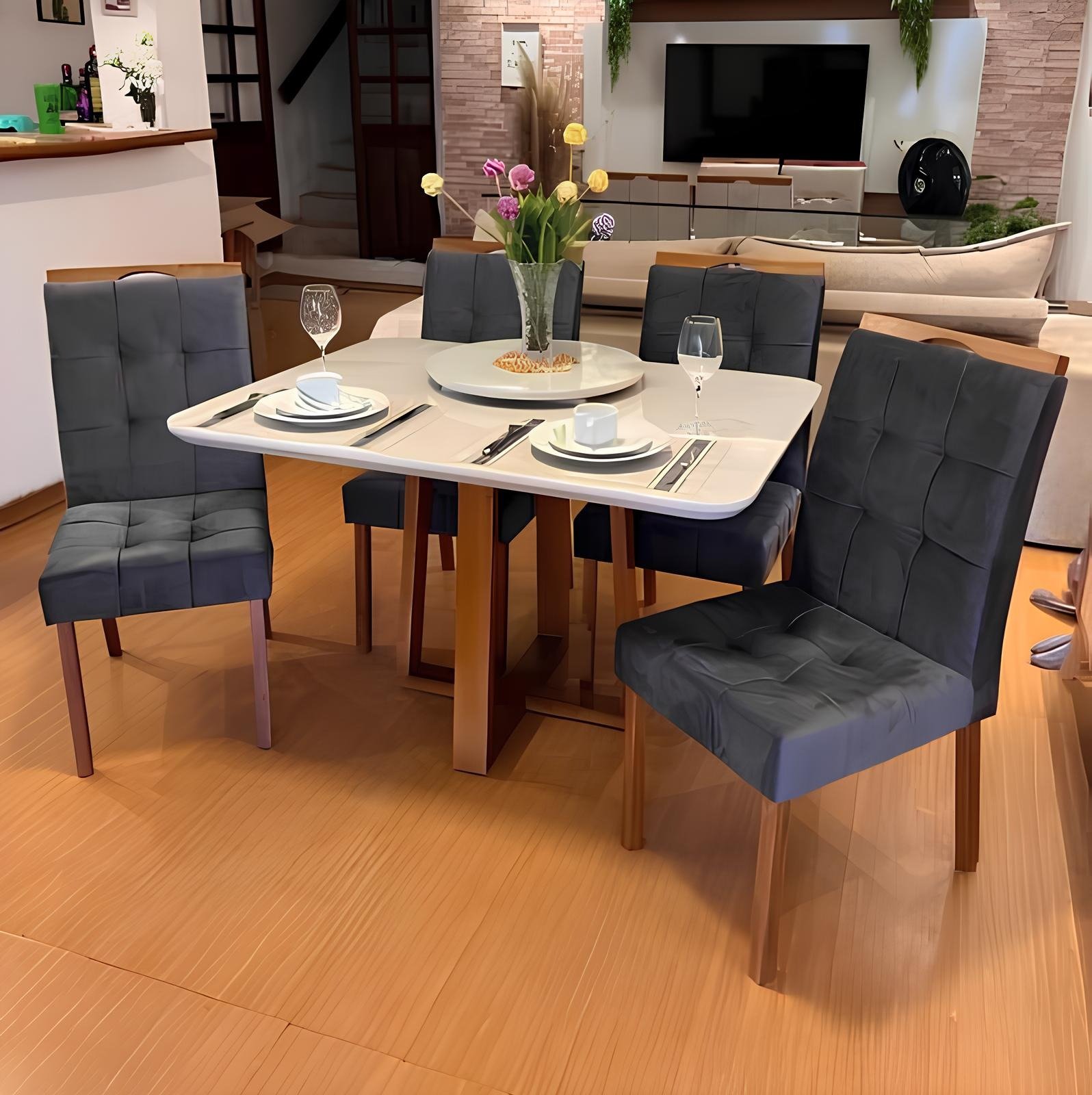 Mesa Pedro 120 Mel/Off White com 4 Cadeiras Sophia Veludo Cinza Grafite – ART ASSENTOS + WM DECOR - Imagem 3