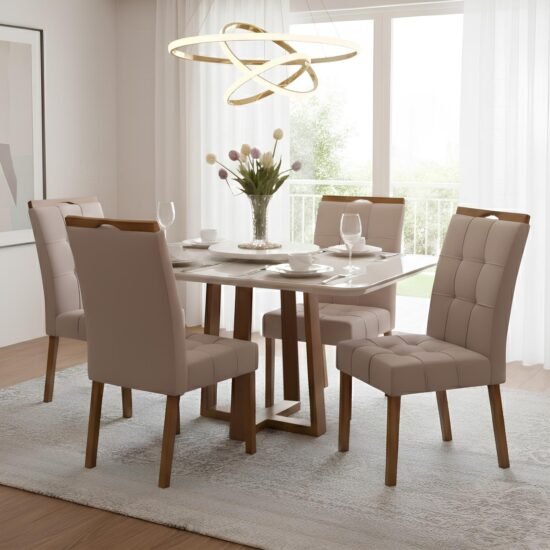 Mesa Pedro 90 Mel/Off White com 4 Cadeiras Sophia Veludo Bege – ART ASSENTOS + WM DECOR