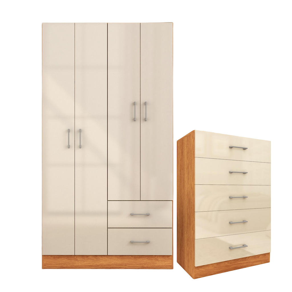 Guarda-Roupa 4 Portas Panamá 4002 + Cômoda 5 Gavetas Aruba Cinamomo/Off White – FELLICCI - Imagem 2