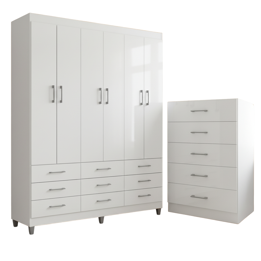 Guarda-Roupa 6 Portas Paraty 3690 + Cômoda 5 Gavetas Aruba Branco - FELLICCI - Imagem 3