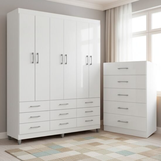 Guarda-Roupa 6 Portas Paraty 3690 + Cômoda 5 Gavetas Aruba Branco - FELLICCI