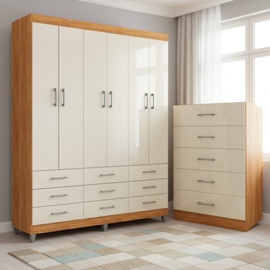 Guarda-Roupa 6 Portas Paraty 3690 + Cômoda 5 Gavetas Aruba Cinamomo/Off White – FELLICCI