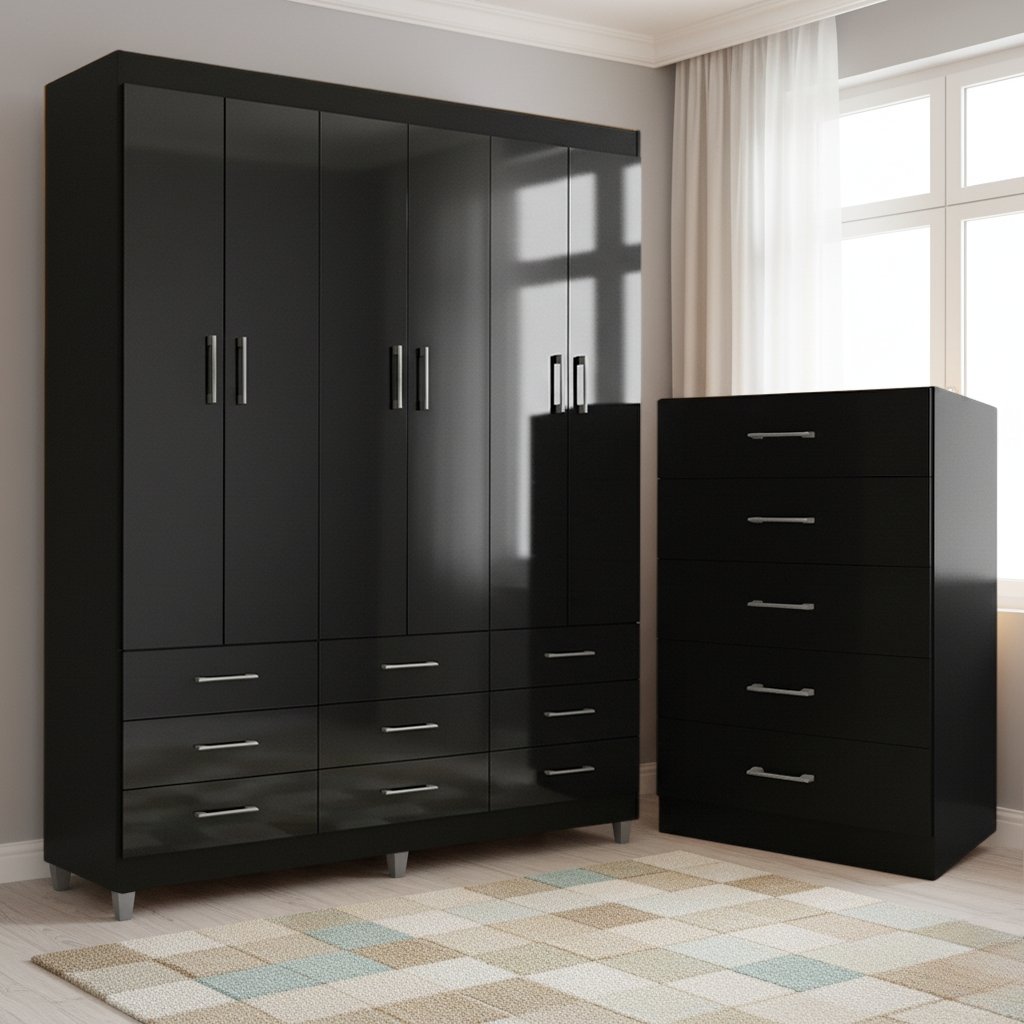 Guarda-Roupa 6 Portas Paraty 3690 + Cômoda 5 Gavetas Aruba Preto - FELLICCI