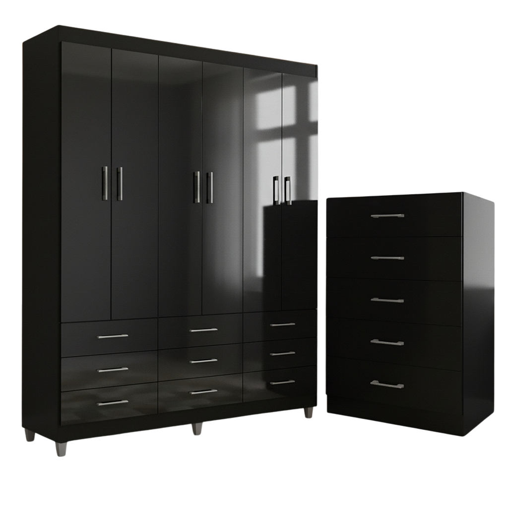 Guarda-Roupa 6 Portas Paraty 3690 + Cômoda 5 Gavetas Aruba Preto - FELLICCI - Imagem 3