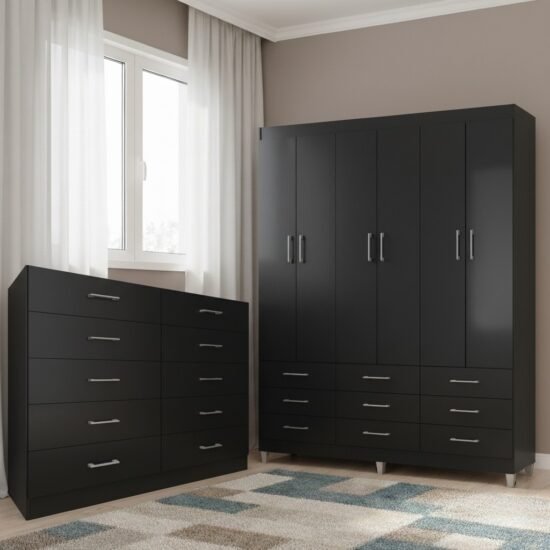 Guarda-Roupa 6 Portas Paraty 3690 + Cômoda 10 Gavetas Caribe Preto - FELLICCI