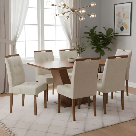 Mesa Classic 160 Cinamomo Laminado com 6 Cadeiras Sophia Linho Bege 200 – CEL MÓVEIS + WM DECOR