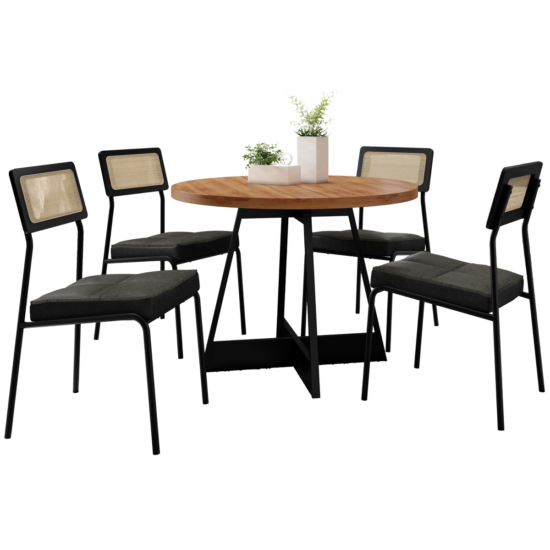 Alternative view of Mesa Átria 1594 Redonda 100 Preto/Nogal com 4 Cadeiras Lux 1741 Preto/Linho Grafite/Corino Preto – CARRARO MÓVEIS