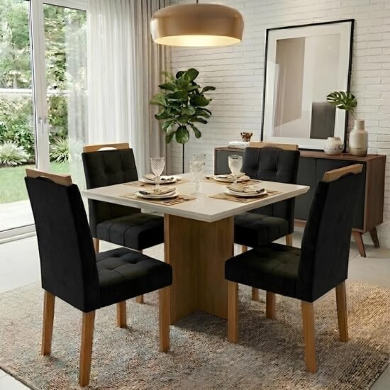 Mesa Salinas 90 (Tampo Dakota c/ vidro) Cinamomo/Off White com 4 Cadeiras Sophia Veludo Preto – CEL MÓVEIS + WM DECOR