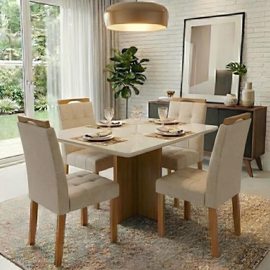 Mesa Salinas/Helô/Los Angeles 120 Cinamomo/Off White com 4 Cadeiras Sophia Linho Bege 200 – CEL MÓVEIS + WM DECOR