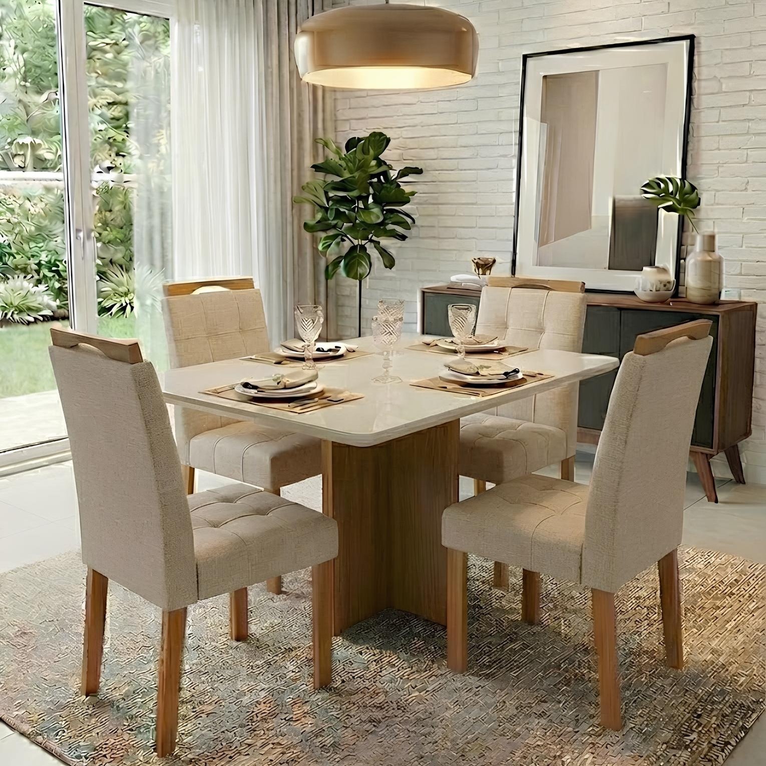Mesa Salinas/Helô/Los Angeles 120 Cinamomo/Off White com 4 Cadeiras Sophia Linho Bege 200 – CEL MÓVEIS + WM DECOR