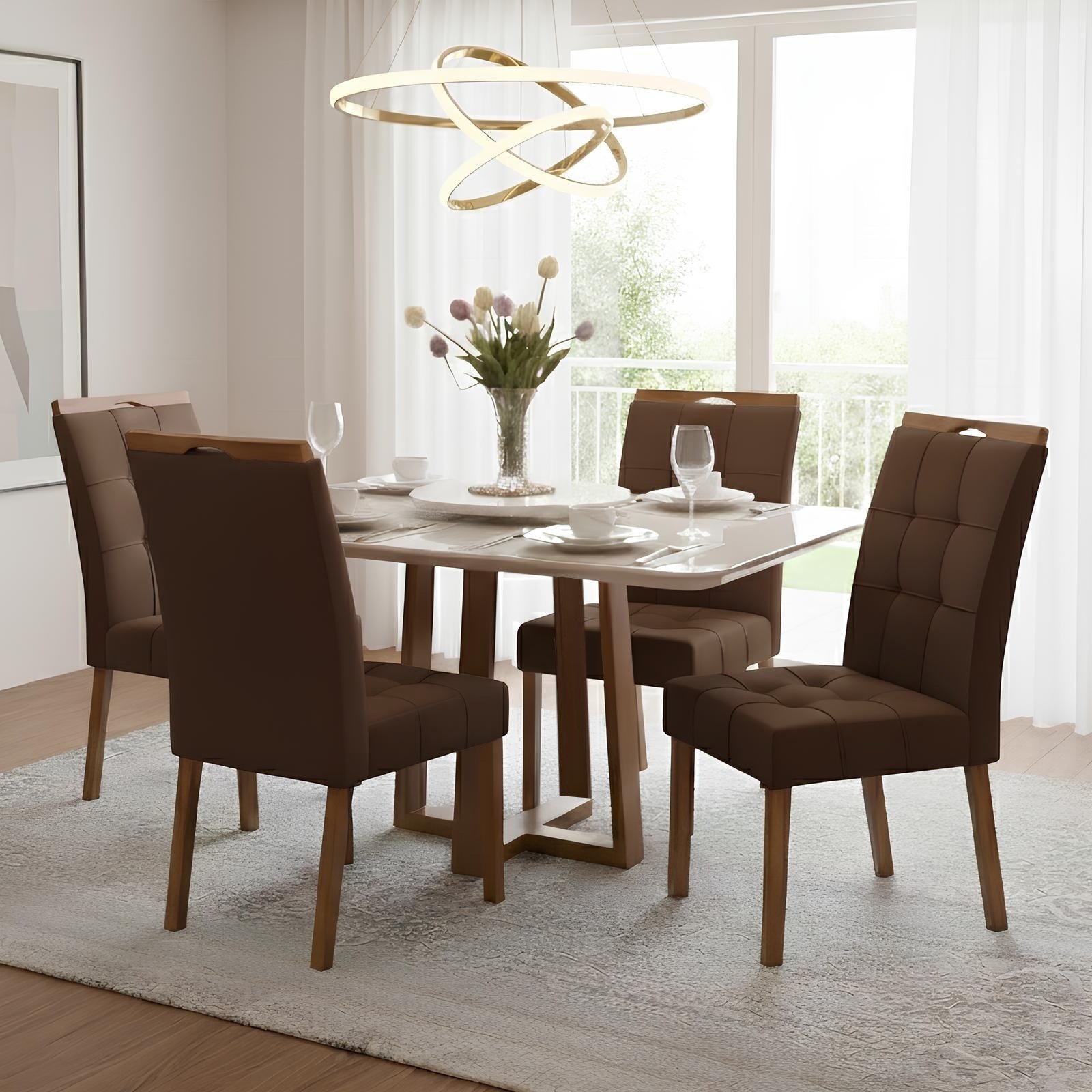 Mesa Pedro 90 Mel/Off White com 4 Cadeiras Sophia Veludo Marrom – ART ASSENTOS + WM DECOR