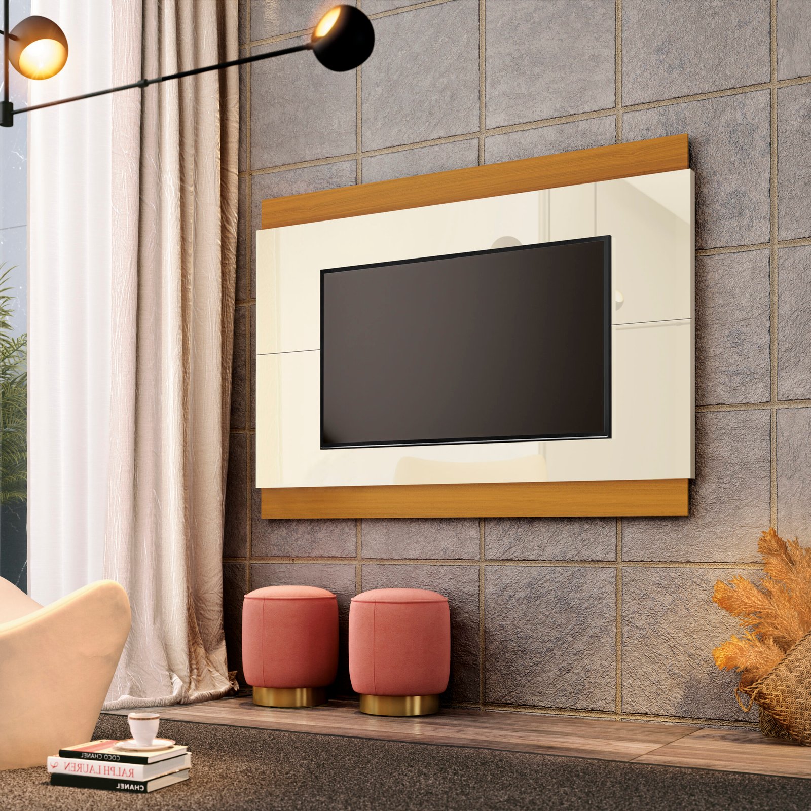 Painel até 60" Legacy 1.6 Off White/Cedro Natural - EDN MÓVEIS
