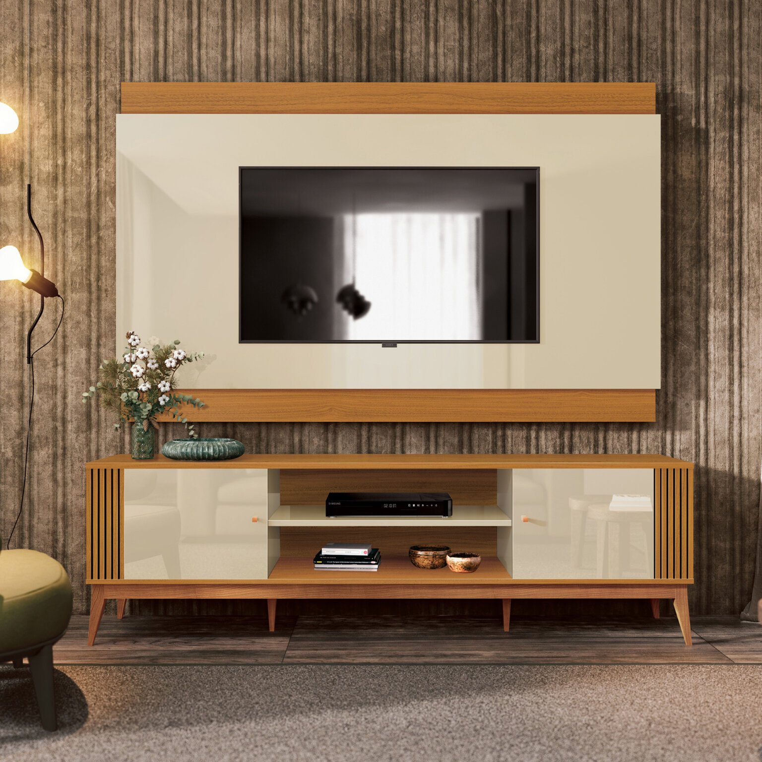 Painel + Rack até 75" Legacy 2.0 Off White/Cedro Natural - EDN MÓVEIS