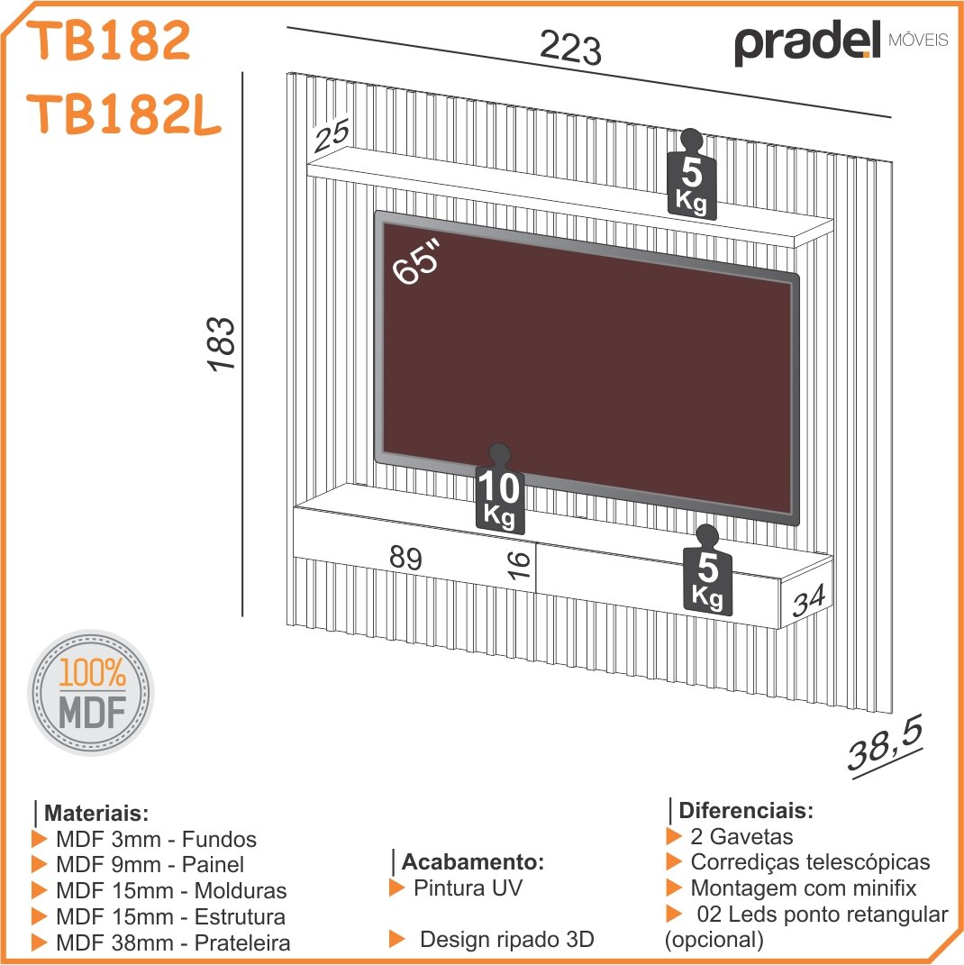 Painel Suspenso até 65" TB182L Off White/Freijó - DALLA COSTA - Imagem 4
