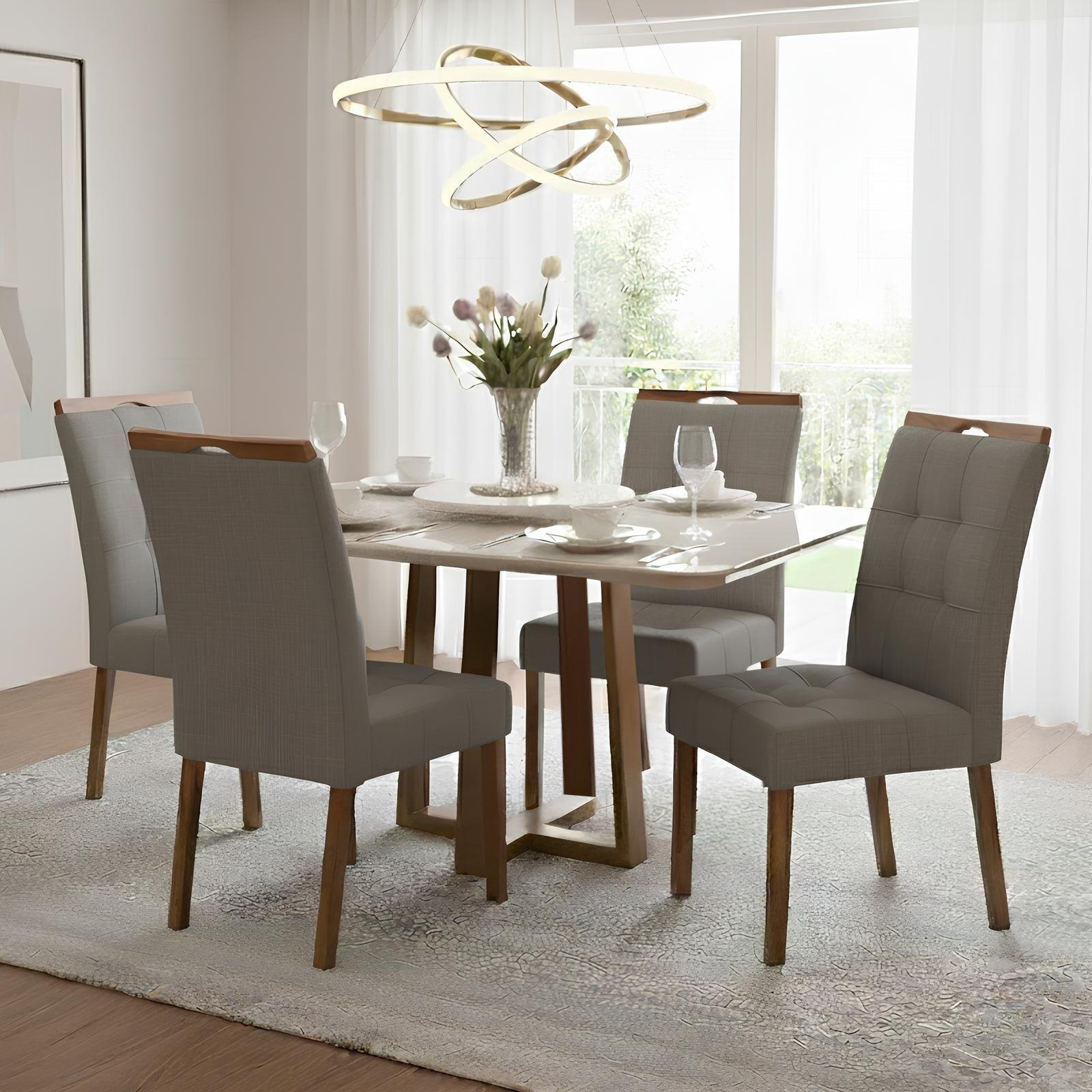 Mesa Pedro 120 Mel/Off White com 4 Cadeiras Sophia Linho Cinza Grafite 206 – ART ASSENTOS + WM DECOR
