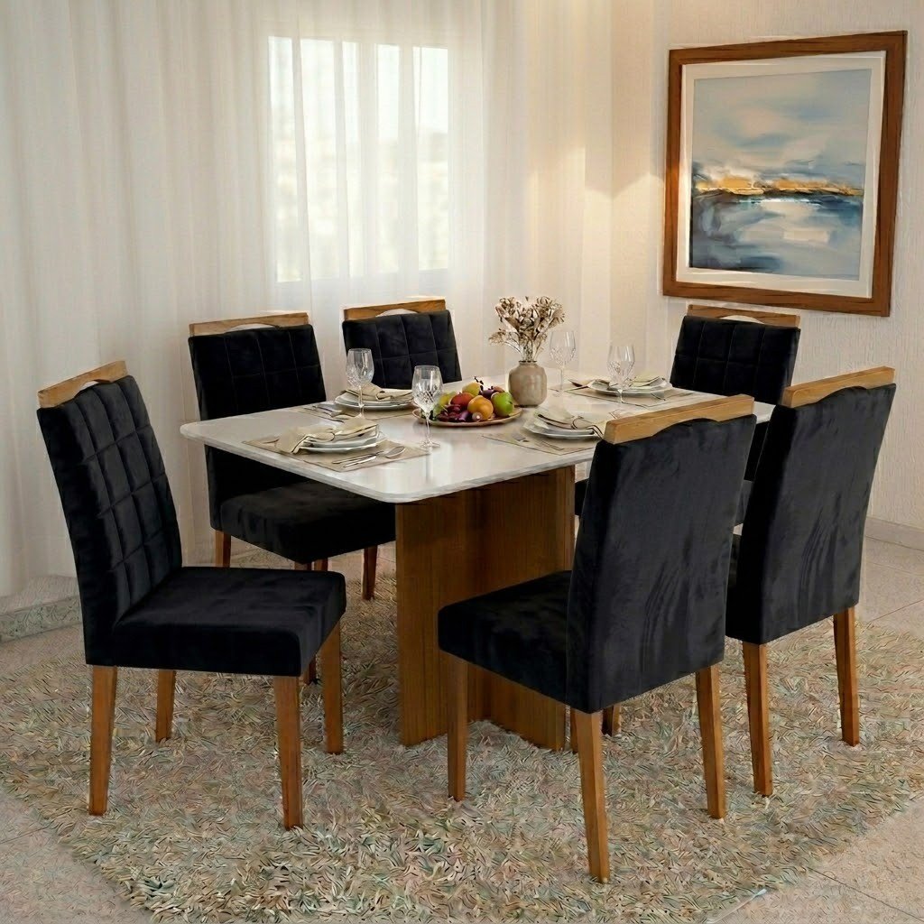 Mesa Salinas 160 (Tampo Londres c/vidro) Cinamomo/Off White com 6 Cadeiras Las Vegas Veludo Preto 13 – CEL MÓVEIS + OURO DECOR