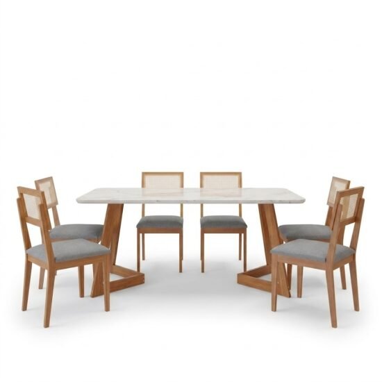 Alternative view of Mesa Caju 180 (C/Vidro) Madeira/Off White com 6 Cadeiras Palmas Linho Cinza Grafite – CIMOL