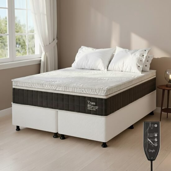 Colchão Queen Massageador Titan/Thor 34 cm D28 Molas Ensacadas + Base Box Simples Corino Branco – VIERO + ALTO NÍVEL