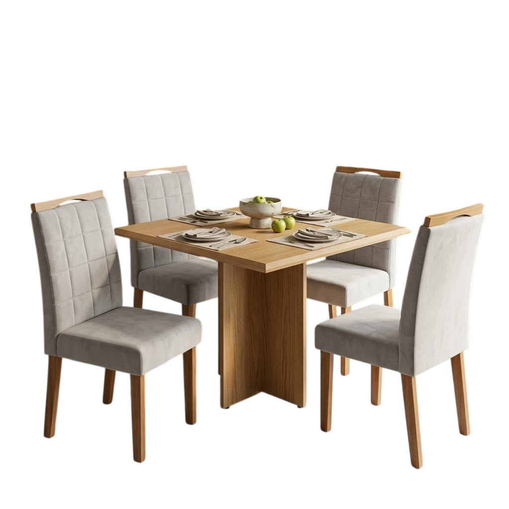 Mesa Pérola 90 Imbuia Mel (Tampo Viena s/vidro) com 4 Cadeiras Las Vegas Veludo Bege 01 – CARVALHO DECOR + OURO DECOR - Imagem 2