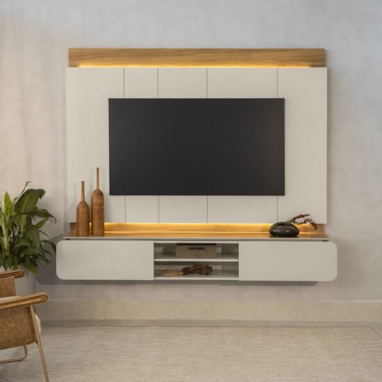 Painel Home ate 75" Zurique Tauari/Off White Brilho - LINEA BRASIL