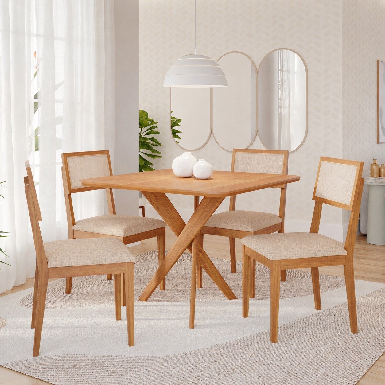 Mesa Cacau 95 (S/Vidro) Madeira/Off White com 4 Cadeiras Encanto Linho Bege – CIMOL