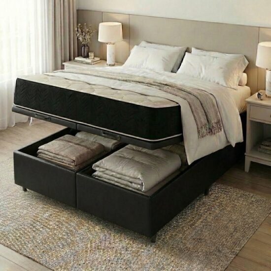 Colchão Queen Premium D45 + Base Box Baú Corino Preto – ECOTEC + ALTO NÍVEL CAMAS E COLCHÕES