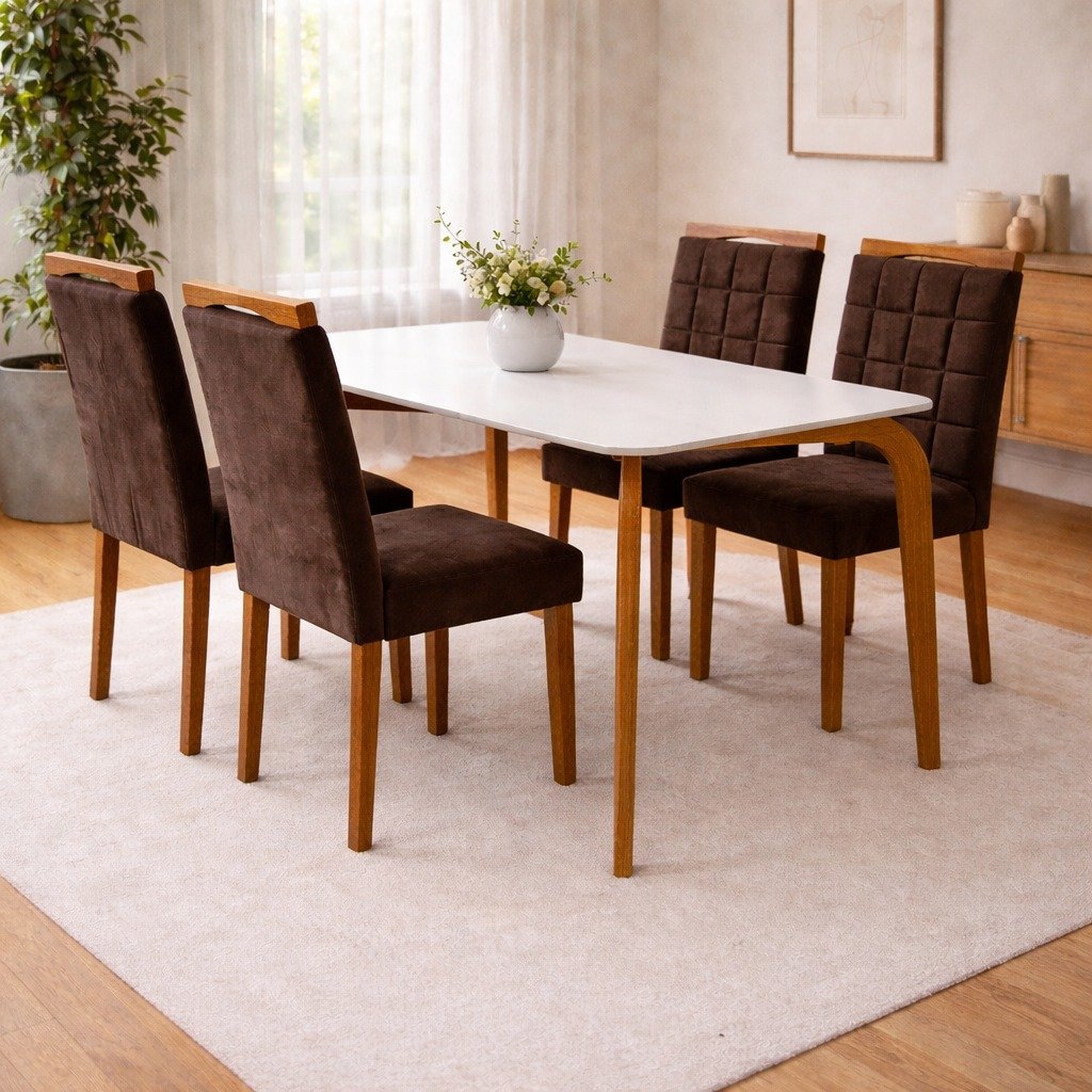 Mesa Capri 120 (C/Vidro) Cinamomo/Off White com 4 Cadeiras Las Vegas Veludo Marrom 17 – MÓVEIS VALVERDE + OURO DECOR