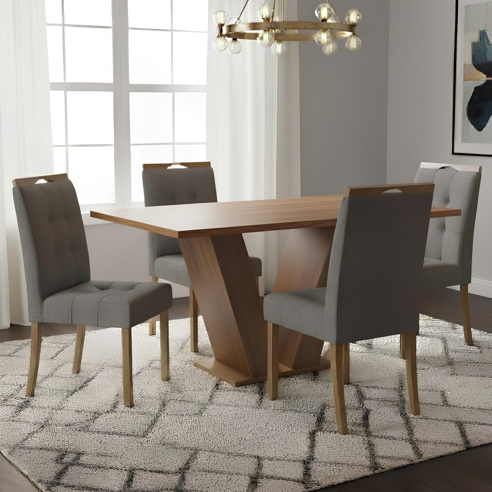 Mesa Classic 120 Cinamomo Laminado com 4 Cadeiras Sophia Linho Cinza Grafite 206 – CEL MÓVEIS + WM DECOR