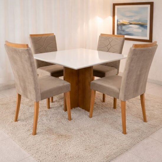 Mesa Salinas/Helô/Los Angeles 90 Cinamomo/Off White com 4 Cadeiras Safira Veludo Bege – CEL MÓVEIS + WM DECOR
