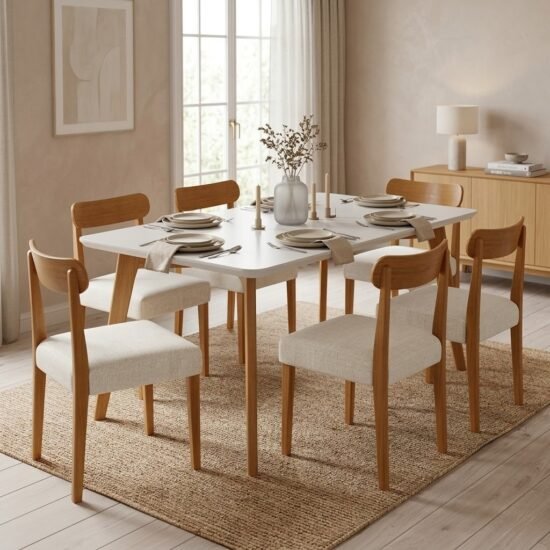 Mesa Anne 180 Mel/Off White com 6 Cadeiras Maragogi Linho Palha 311A – HR MOVELARIA