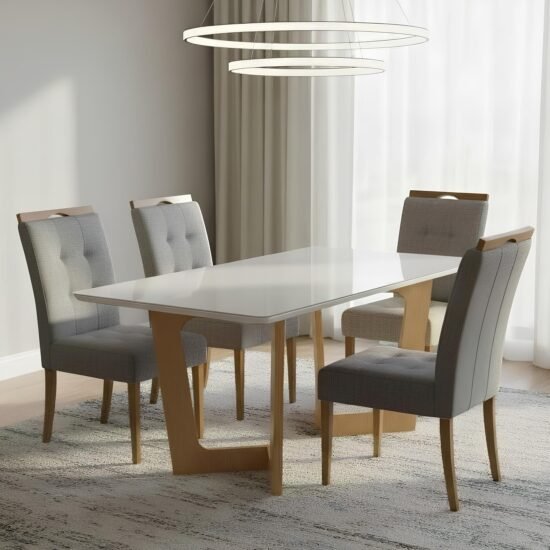 Mesa Dubai 120 (Tampo Londres) Cinamomo/Off White com 4 Cadeiras Sophia Linho Cinza Grafite 206 – CEL MÓVEIS + WM DECOR