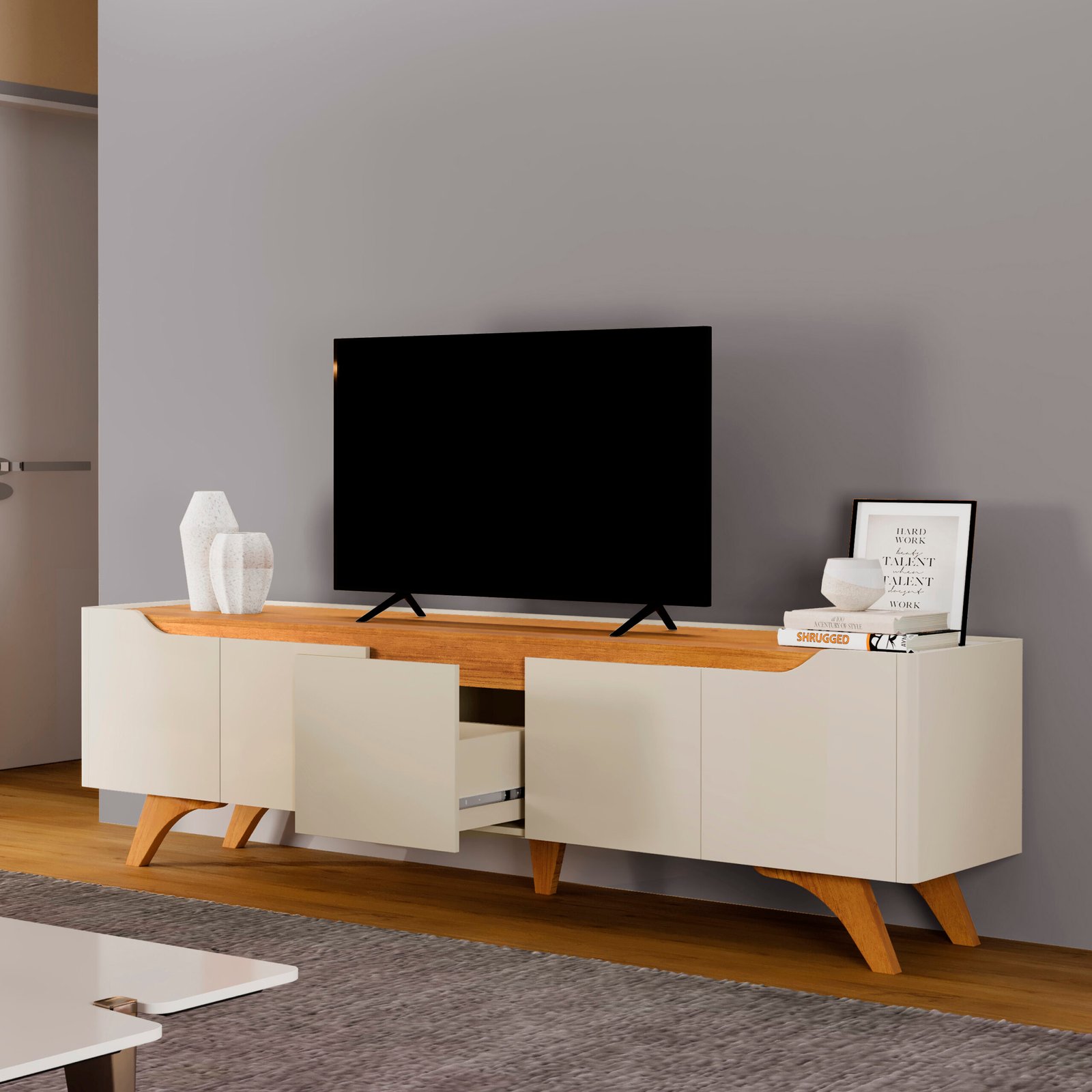 Painel Ripado até 75″ Versátilis 2,17 m Naturale + Rack Atenas Off White/Naturale – MAVAULAR - Imagem 4