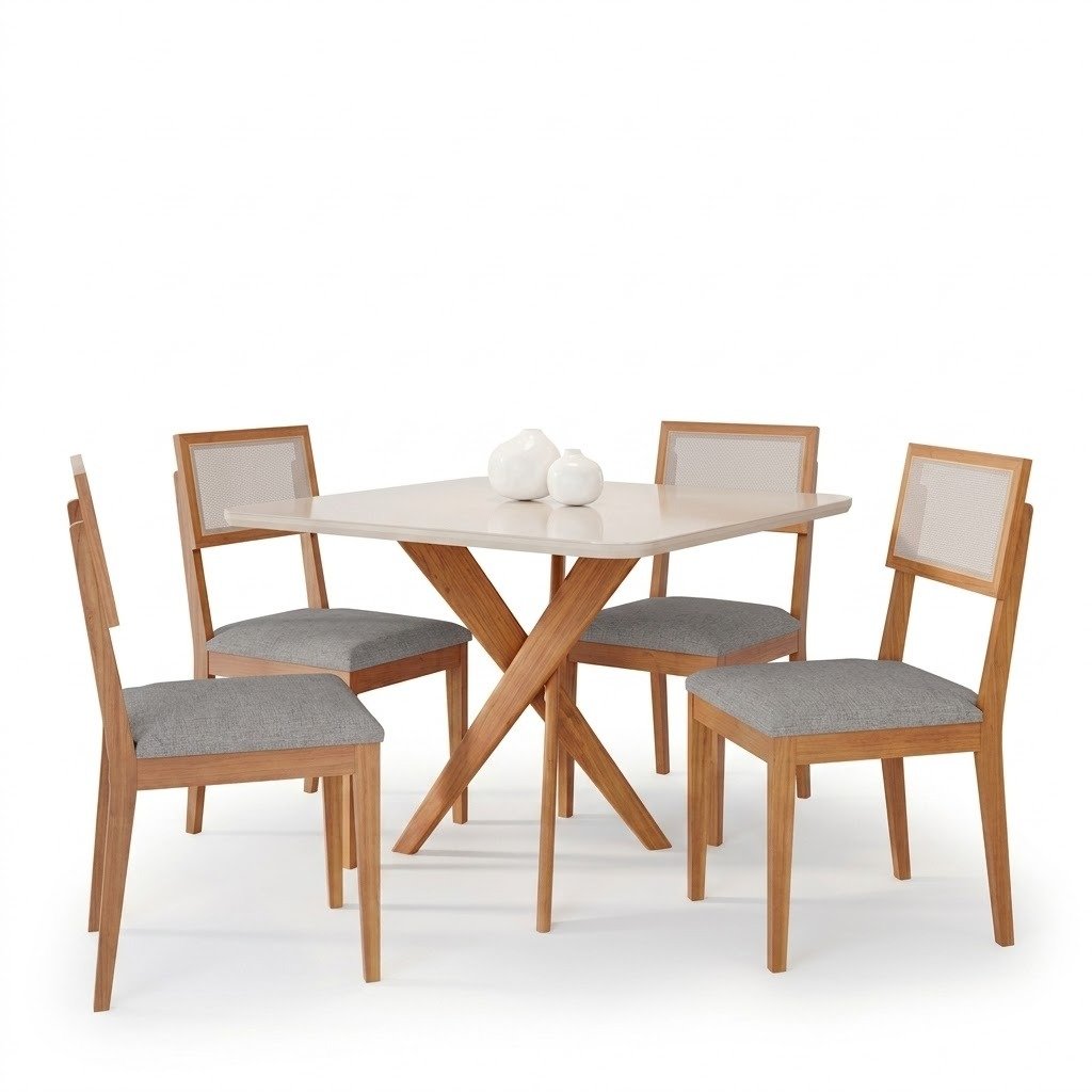 Mesa Cacau 95 (C/Vidro) Madeira/Off White com 4 Cadeiras Encanto Linho Cinza Grafite – CIMOL - Imagem 2