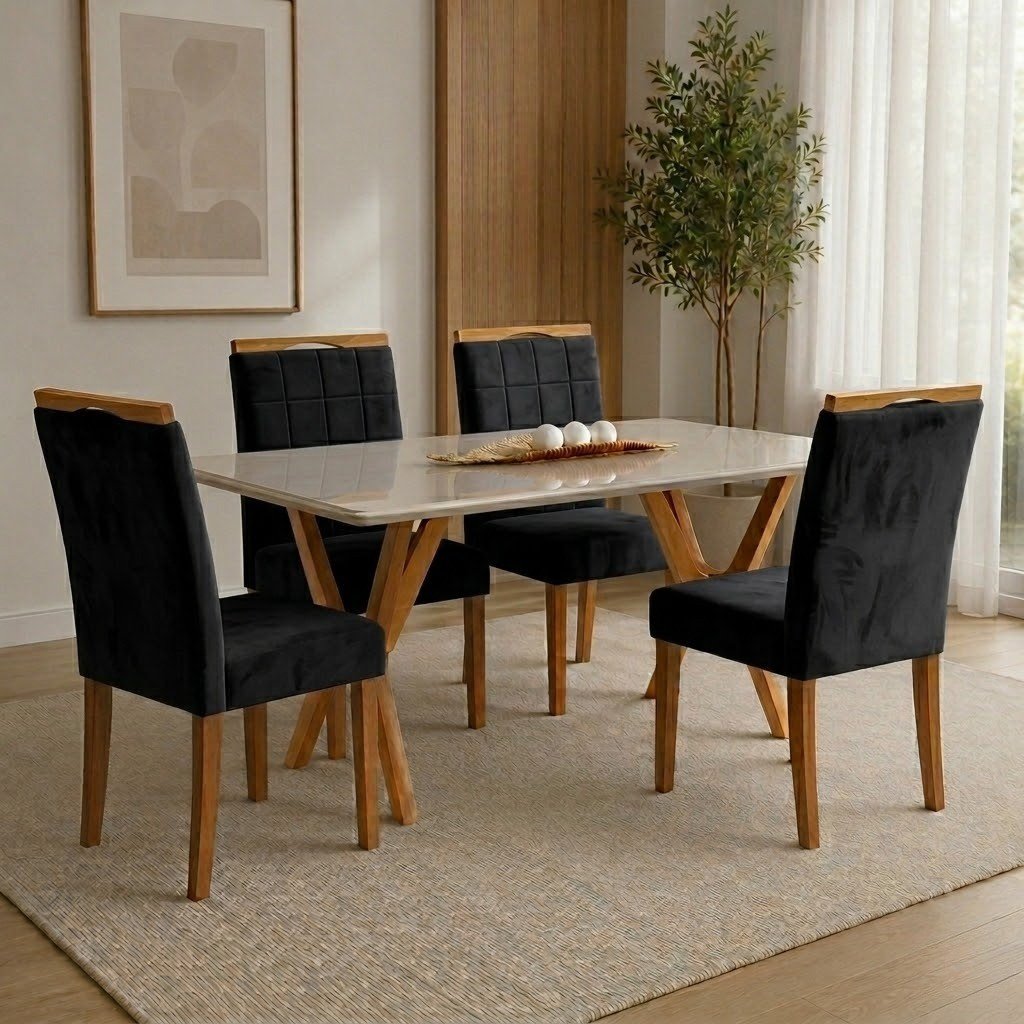Mesa Essência 120 (C/Vidro) Cinamomo/Off White com 4 Cadeiras Las Vegas Veludo Preto 13 – JCM MOVELARIA + OURO DECOR