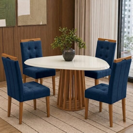 Mesa Lavanda BA45 135 Canela/Off White com 4 Cadeiras Sophia Veludo Azul 107 - KAPPESBERG + WM DECOR