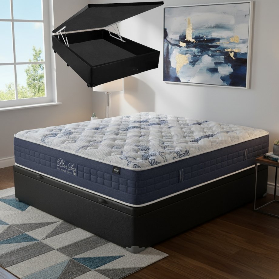 Colchão Casal Blue Sea 31 cm D28 Molas Ensacadas + Base Baú Corino Preto – ANJOS + BIOSTAR