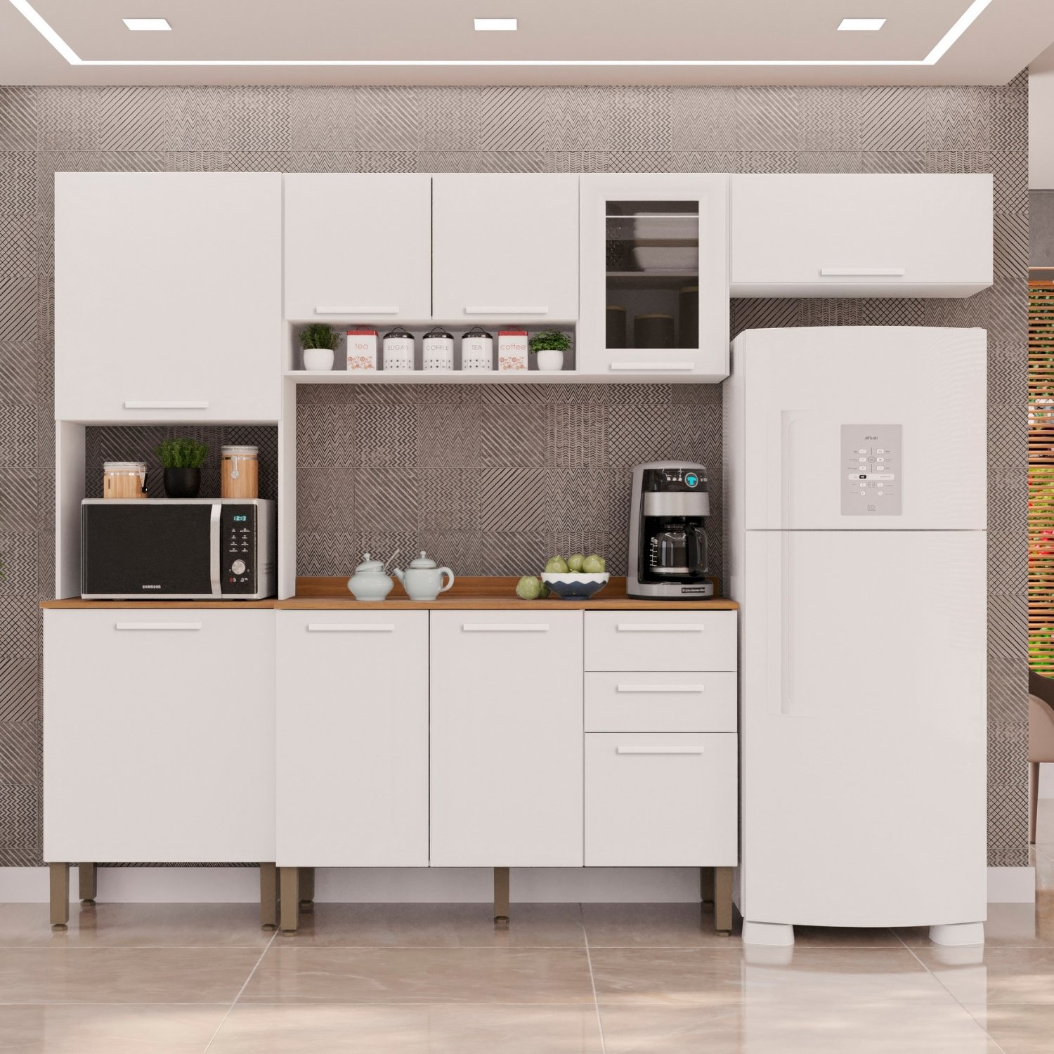 Cozinha Completa New Valência (Vidro fumê) Branco - SALLÊTO
