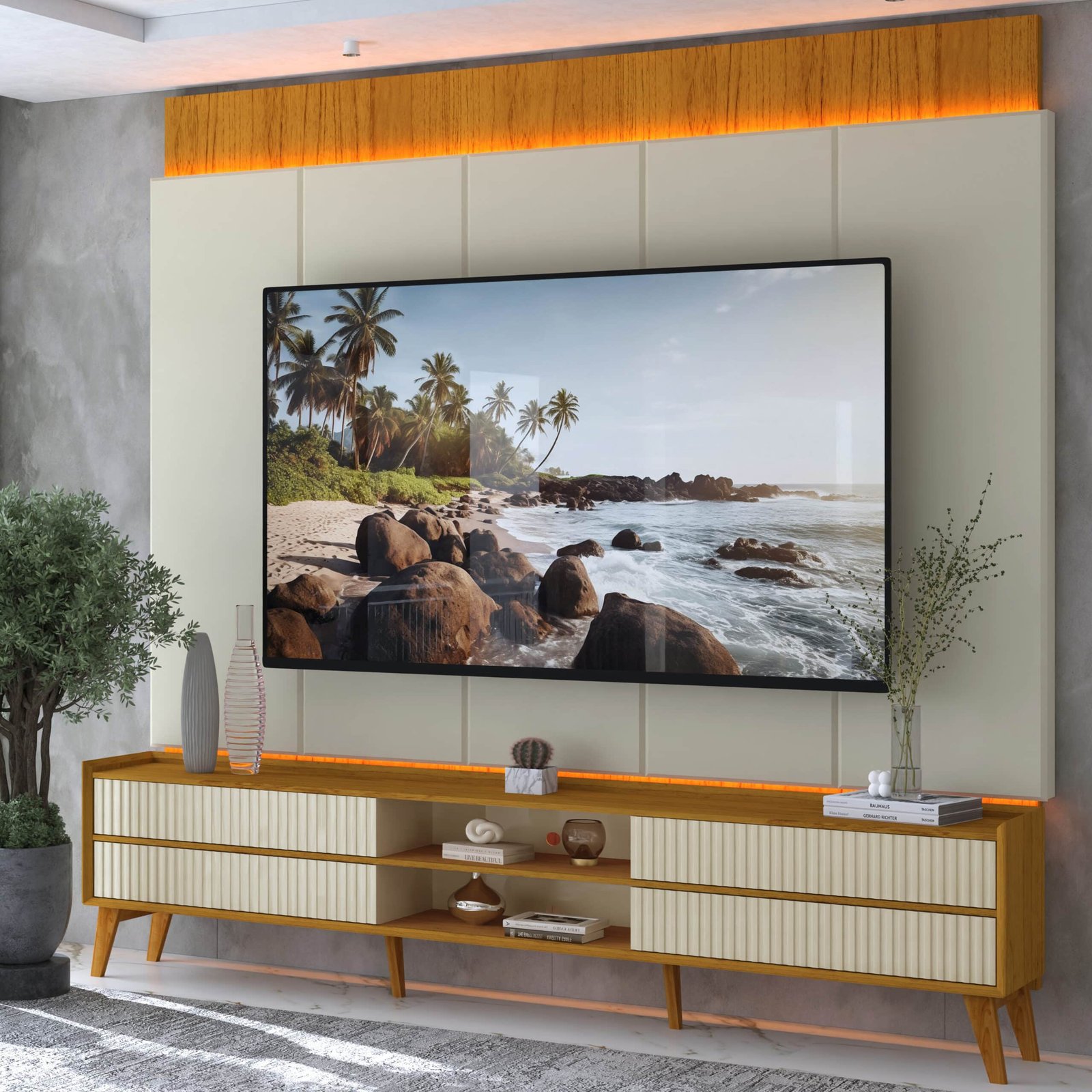 Painel + Rack até 85" Magnífico Naturale/Off White - GELIUS