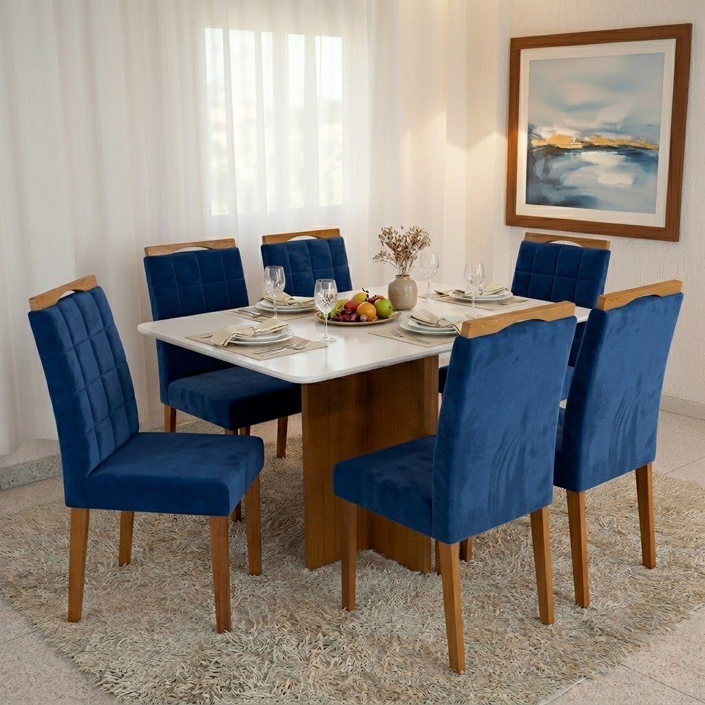 Mesa Salinas 160 (Tampo Londres c/vidro) Cinamomo/Off White com 6 Cadeiras Las Vegas Veludo Azul 24 – CEL MÓVEIS + OURO DECOR