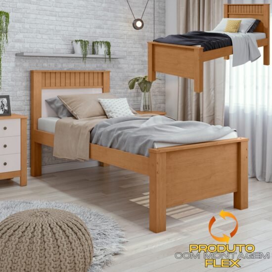 Cama Solteiro Athenas Amêndoa Clean/Off White/Amêndoa - LOPAS